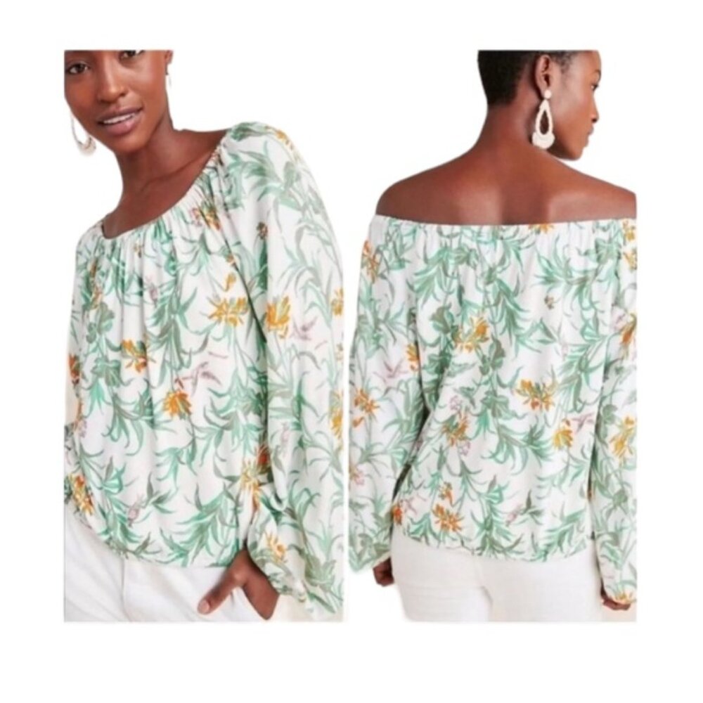 ANTHROPOLOGIE Tropical Floral Bird Off The Shoulder Puff Sleeve Top Size Medium